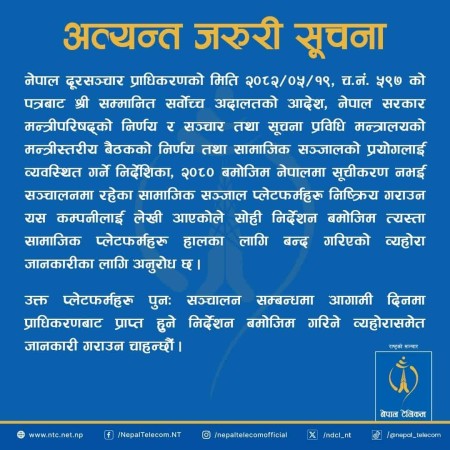 नेपाल टेलिकमले बन्द गर्यो दर्तामा नआएका सामाजिक सञ्जाल