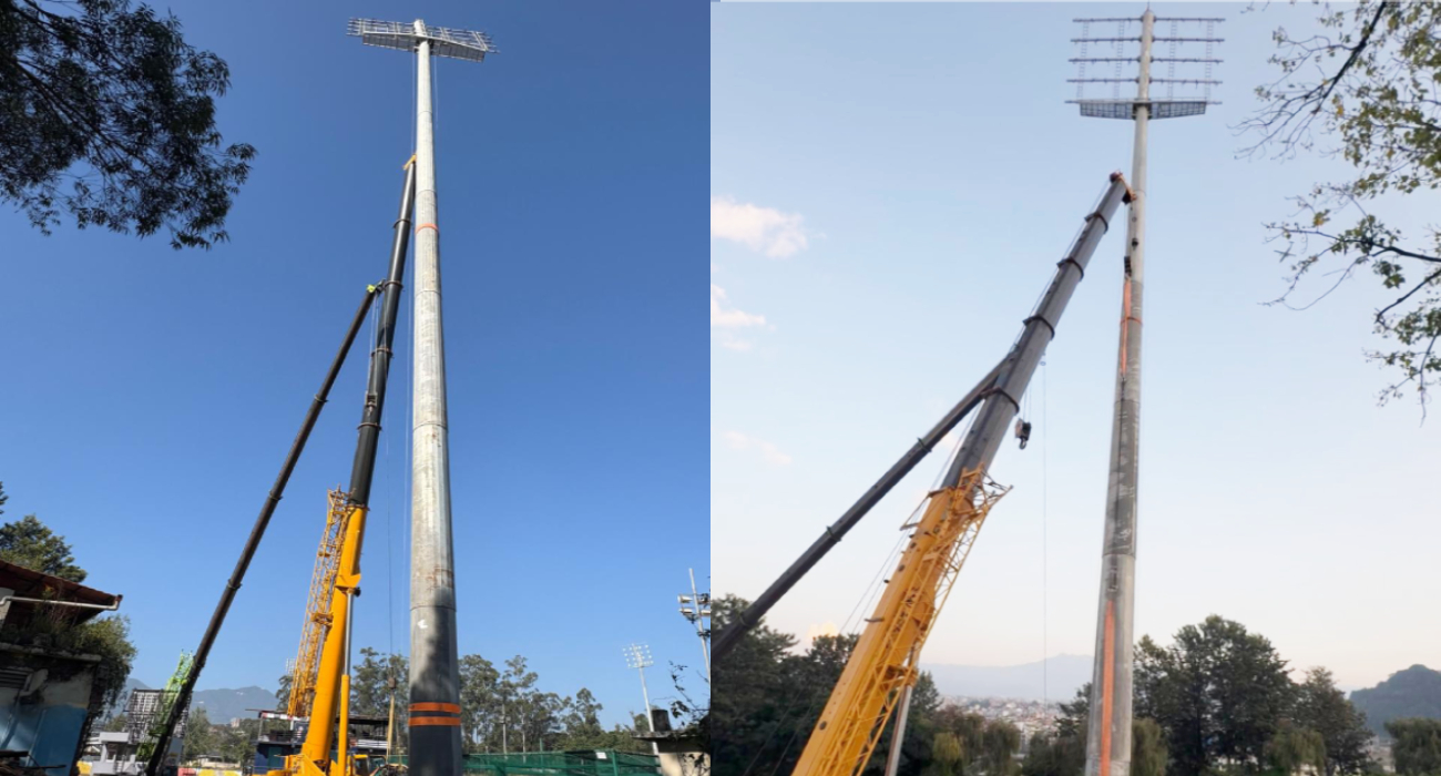 टीयु क्रिकेट मैदानमा फ्लडलाइटका ६ वटै टावर ठड्याइयो